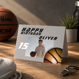 Basketball Ball Boy Photo Happy Birthday Card