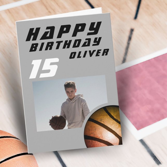 Basketball Ball Boy Photo Happy Birthday Card (Creator Uploaded)