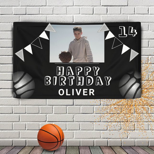 Basketball Ball Bunting Flags Black Photo Birthday Banner (Creator Uploaded)