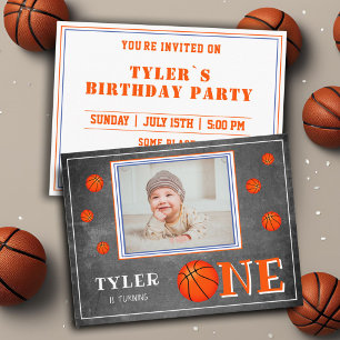 Basketball Ball Chalkboard 1st Birthday Photo Invitation Postcard