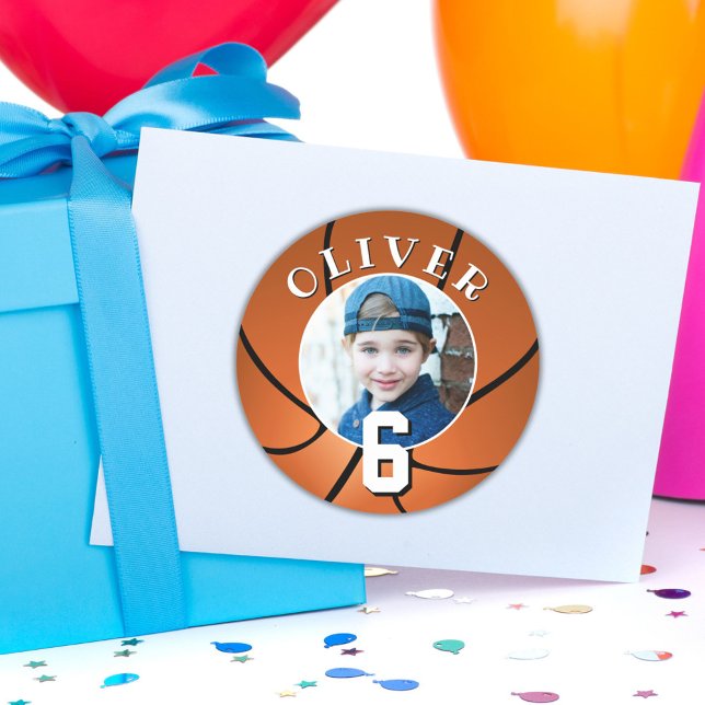 Basketball Ball Kids Birthday Age Photo Classic Round Sticker (Creator Uploaded)