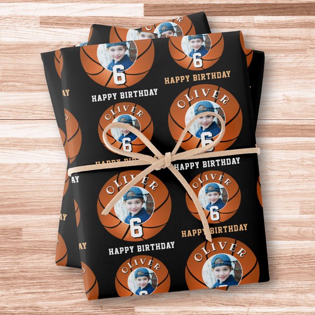 Basketball Ball Kids Happy Birthday Age Photo Wrapping Paper Sheet (Creator Uploaded)