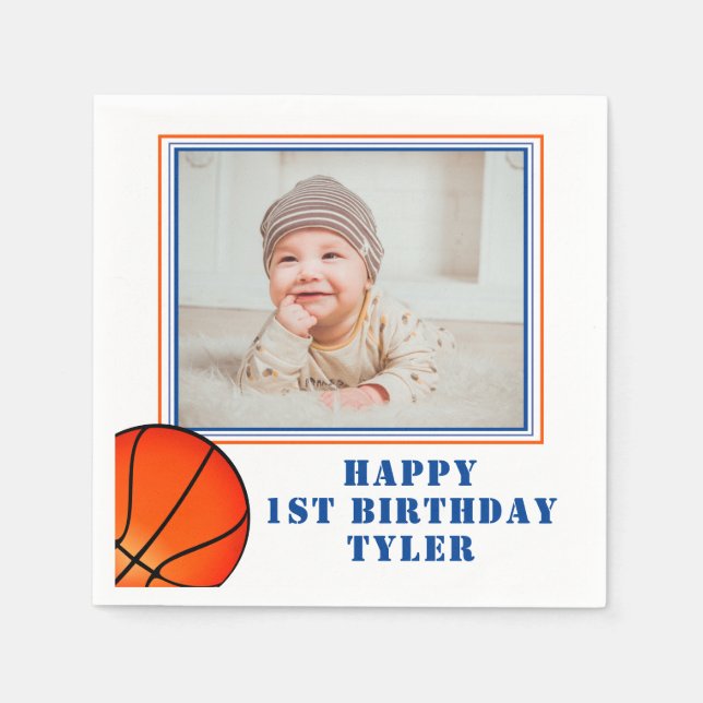 Basketball Ball Kids Photo Birthday Napkin (Front)