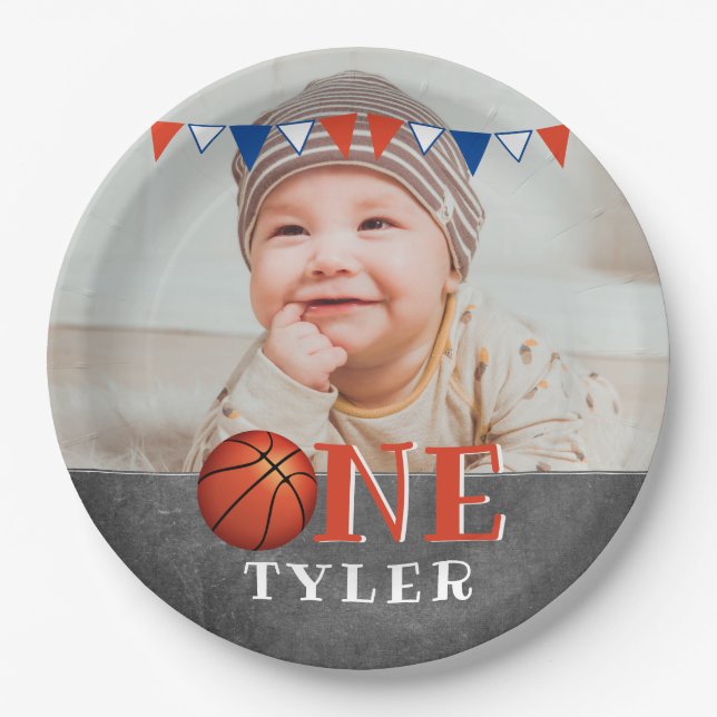 Basketball Ball ONE Chalkboard Photo 1st Birthday Paper Plate (Front)