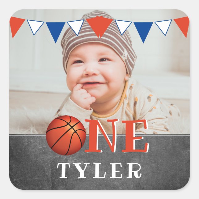Basketball Ball ONE Chalkboard Photo 1st Birthday Square Sticker (Front)