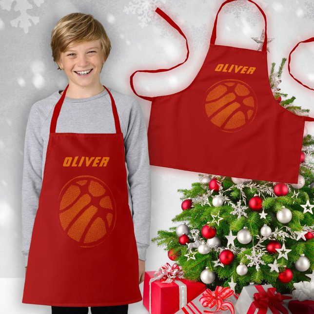 Basketball Ball Orange Red Sports Kids Name Apron (Creator Uploaded)