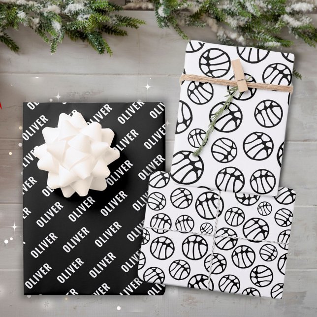 Basketball Ball Pattern Black and White Name Wrapping Paper Sheet (Creator Uploaded)