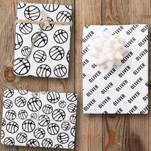 Basketball Ball Pattern Black and White Name Wrapping Paper Sheet