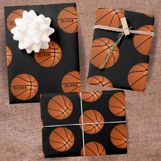 Basketball Ball Pattern Black Kids Name Sports  Wrapping Paper Sheet (Creator Uploaded)