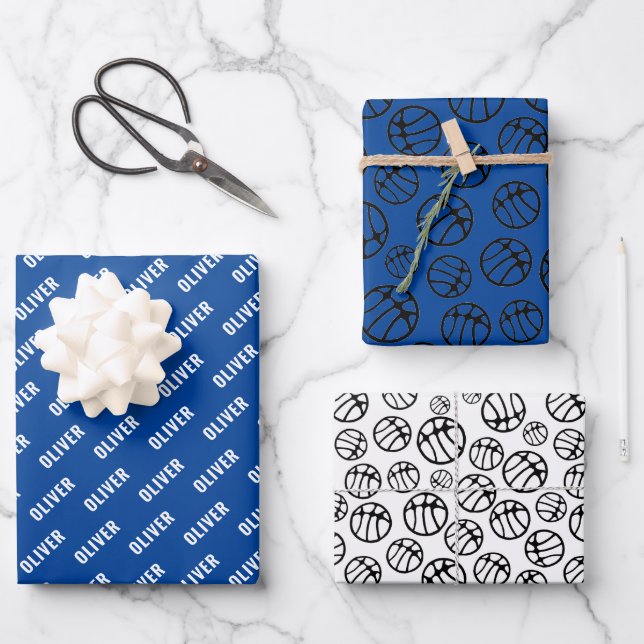 Basketball Ball Pattern Blue Name Wrapping Paper Sheet (Front)
