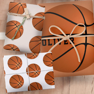 Basketball Ball Pattern Kids Name Birthday Wrapping Paper Sheet
