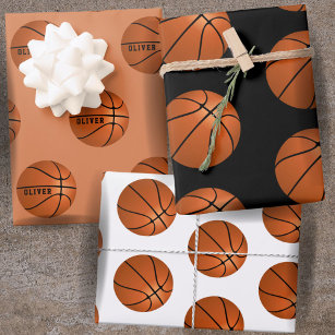 Basketball Ball Pattern Kids Name Birthday  Wrapping Paper Sheet