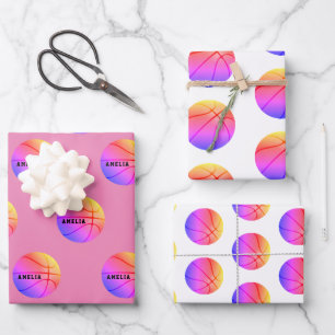 Basketball Ball Pattern Pink Kids Name Sports  Wrapping Paper Sheet