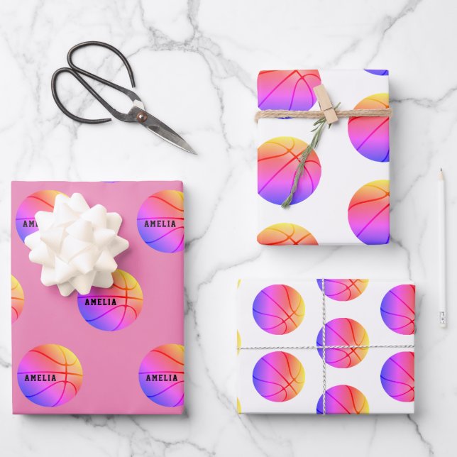 Basketball Ball Pattern Pink Kids Name Sports  Wrapping Paper Sheet (Front)