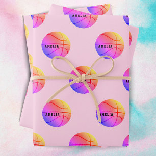 Basketball Ball Pattern Pink Kids Name Sports Wrapping Paper Sheet