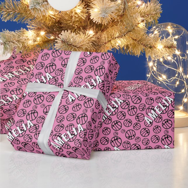 Basketball Ball Pattern Pink Name Wrapping Paper (Holidays)