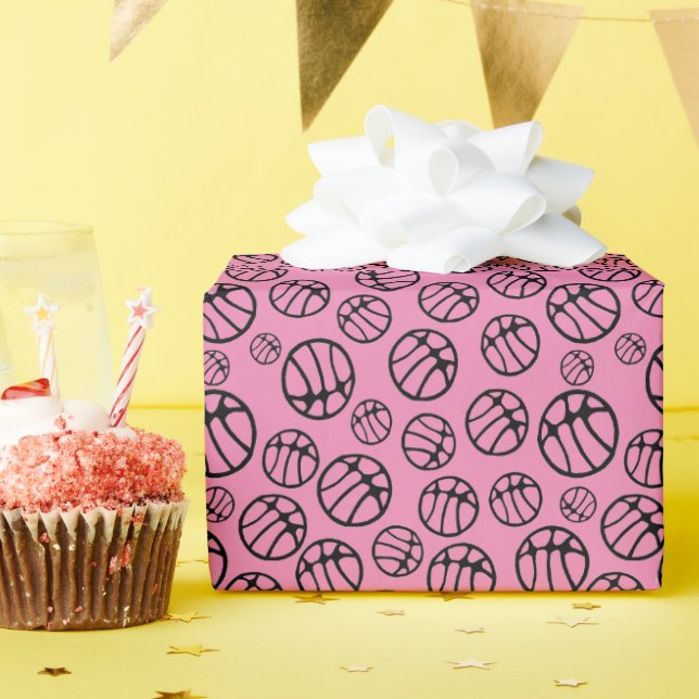 Basketball Ball Pattern Pink Name Wrapping Paper (Birthday Party)