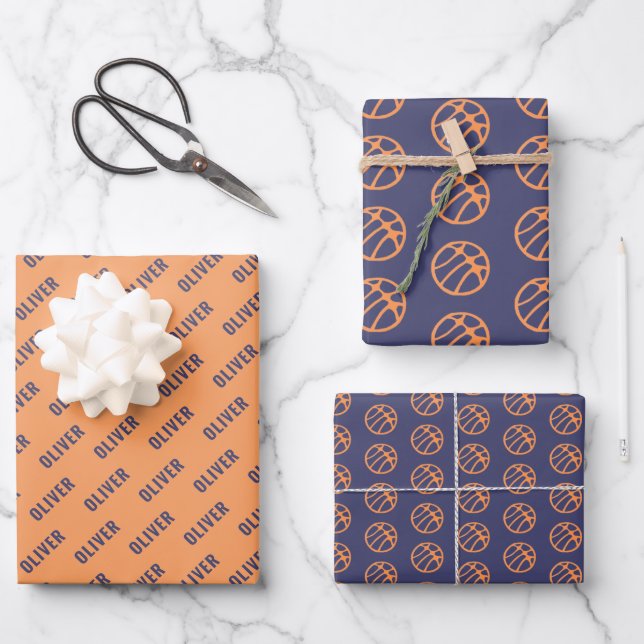 Basketball Ball Pattern Purple Orange Name Wrapping Paper Sheet (Front)