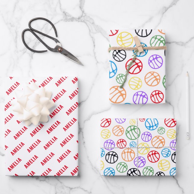 Basketball Ball Pattern Sport Colourful Name Wrapping Paper Sheet (Front)