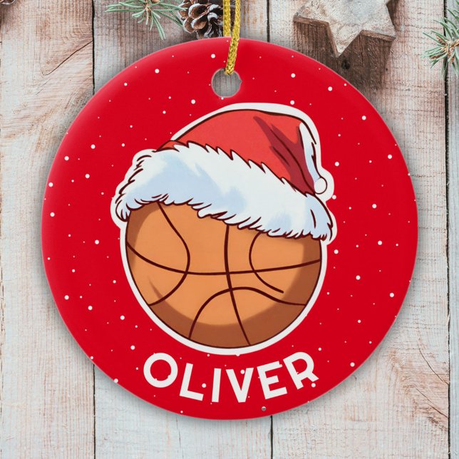 Basketball Ball Red Santa Hat Christmas Kid Name  Ceramic Ornament (Creator Uploaded)