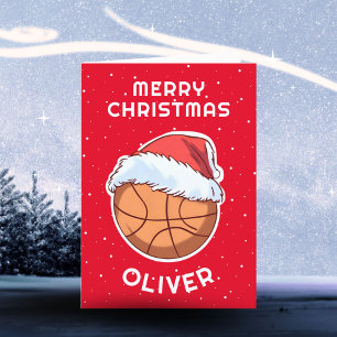 Basketball Ball Red Santa Hat Christmas Kid Name Holiday Card