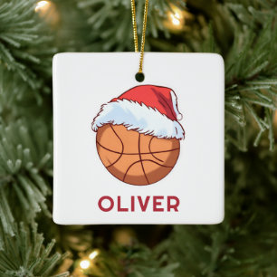 Basketball Ball Red Santa Hat Name Christmas  Ceramic Ornament