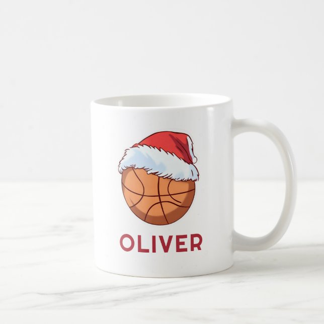 Basketball Ball Red Santa Hat Name Christmas  Coffee Mug (Right)