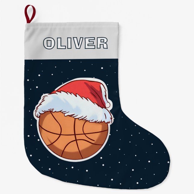 Basketball Ball Red Santa Hat Name Large Christmas Stocking (Front)