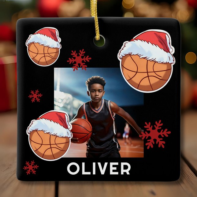Basketball Ball Santa Hat Name Photo Christmas  Ceramic Ornament (Creator Uploaded)