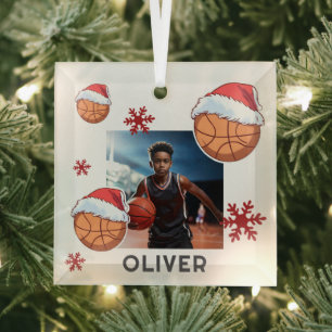 Basketball Ball Santa Hat Name Photo Christmas  Glass Tree Decoration