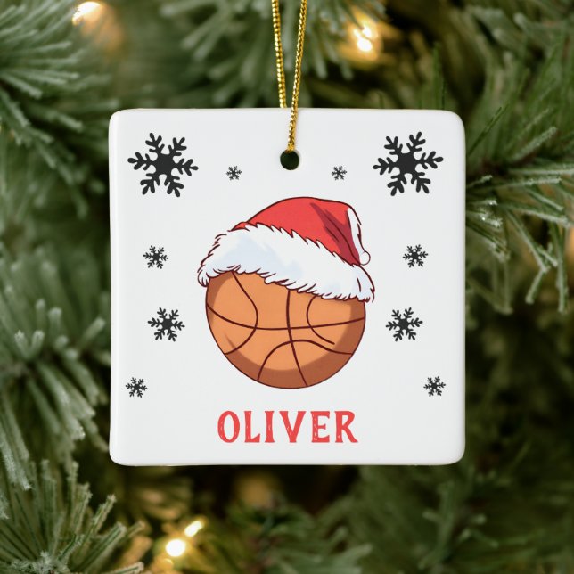 Basketball Ball Santa Hat Snowflake Name  Ceramic Ornament (Tree)