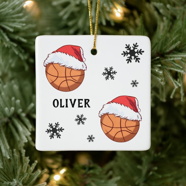 Basketball Ball Santa Hat Snowflake Name  Ceramic Ornament (Tree)