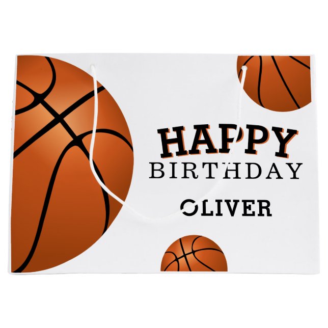 Basketball Ball Sports Happy Birthday Name Large Gift Bag (Front)