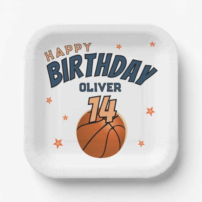 Basketball Ball Sports Happy Birthday Party Paper Plate (Front)