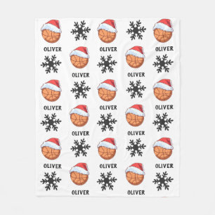 Basketball Ball with red Santa Hat Snowflake Name Fleece Blanket