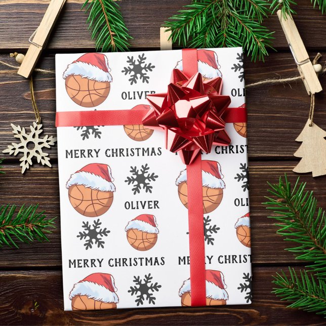 Basketball Ball with red Santa Hat Snowflake Name Wrapping Paper (Creator Uploaded)