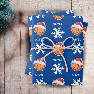 Basketball Ball with Red Santa Hat Snowflake Name Wrapping Paper Sheet