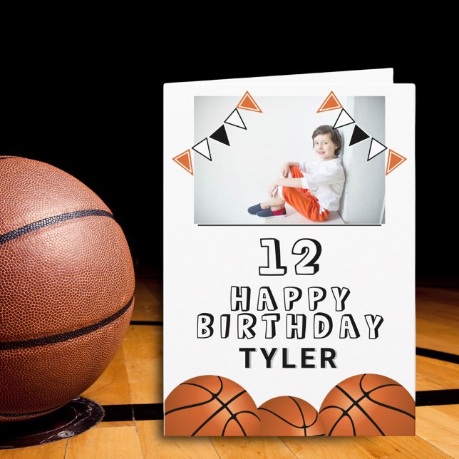 Basketball Balls Flags Kids Photo Birthday Card (Creator Uploaded)