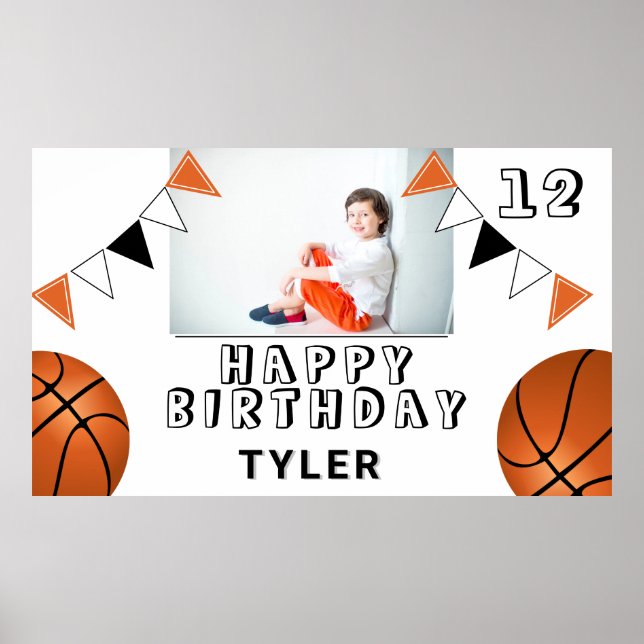 Basketball Balls Flags Kids Photo Birthday Party Poster (Front)