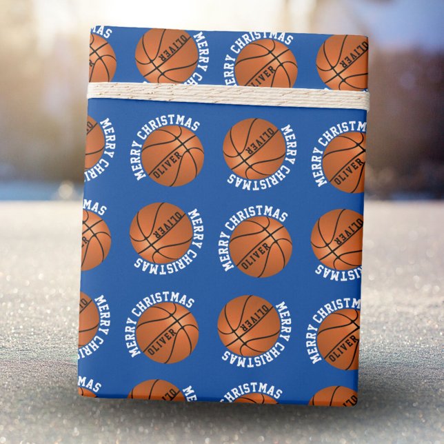 Basketball Balls Kids Name Blue Merry Christmas  Wrapping Paper (Creator Uploaded)