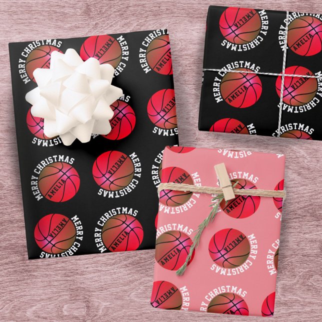 Basketball Balls Kids Name Pink Sports Christmas Wrapping Paper Sheet (Creator Uploaded)