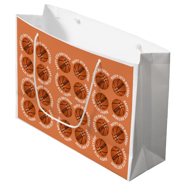 Basketball Balls Kids Name Sports Happy Birthday  Large Gift Bag (Front Angled)