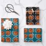 Basketball Balls Kids Name Sports Happy Birthday  Wrapping Paper Sheet<br><div class="desc">Basketball Balls Kids Name Sports Happy Birthday Personalised Wrapping Paper Sheets. Basketball ball pattern with happy birthday text and custom name on a black and dark teal background. Personalise with your name and age. You can change any text.</div>