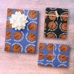Basketball Balls Kids Name Sports Happy Birthday  Wrapping Paper Sheet<br><div class="desc">Basketball Balls Kids Name Sports Happy Birthday Personalised Wrapping Paper Sheets. Basketball ball pattern with happy birthday text and custom name on a black and blue background. Personalise with your name and age. You can change any text.</div>