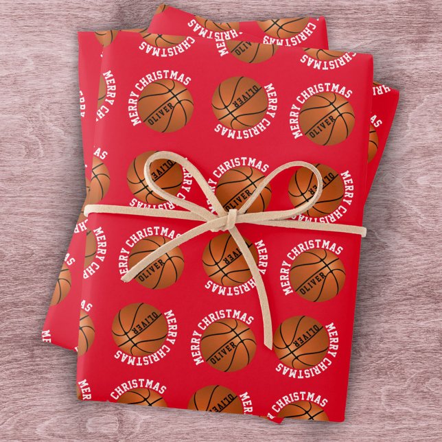 Basketball Balls Kids Name Sports Merry Christmas Wrapping Paper Sheet (Creator Uploaded)