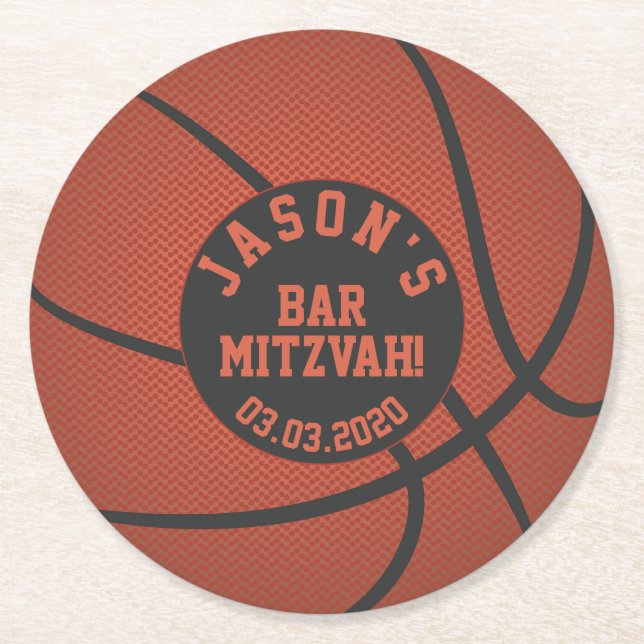 Basketball Bar Mitzvah Orange Black Round Paper Coaster (Front)