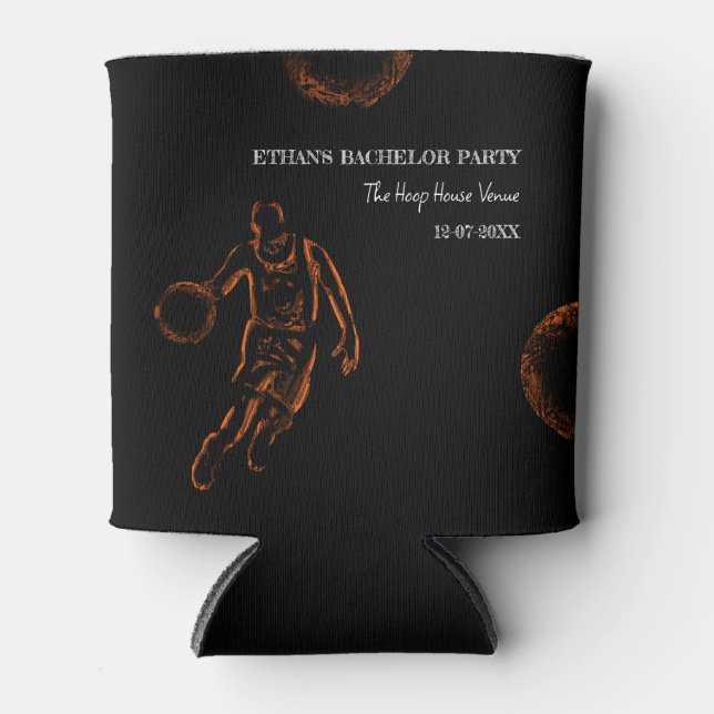 Basketball birthday / bachelor party Black Orange Can Cooler (Front)