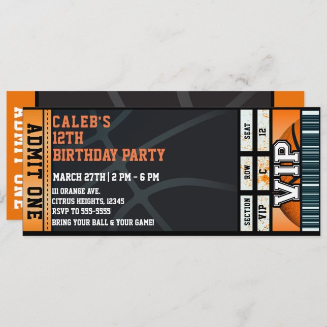 Basketball Birthday Party VIP Ball Game Ticket Invitation (Front/Back)