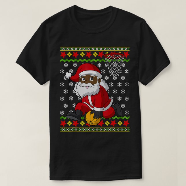 Basketball Black African American Santa Claus Slam T-Shirt (Design Front)