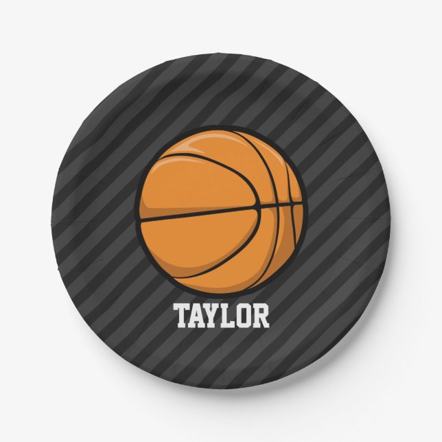 Basketball; Black & Dark Grey Stripes Paper Plate (Front)